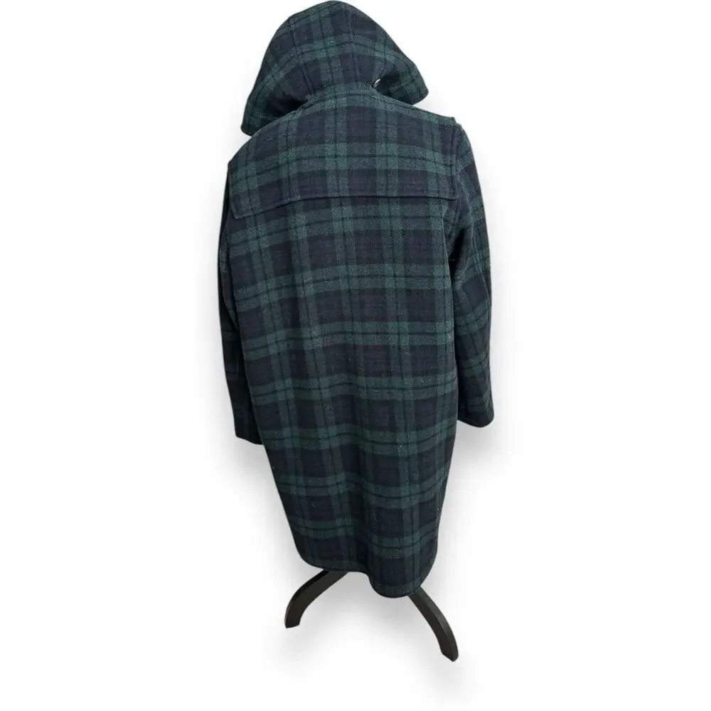 J. Crew Plaid Wool Peacoat Toggle Hooded Coat Green Blue Women's Size Large - Picture 4 of 6